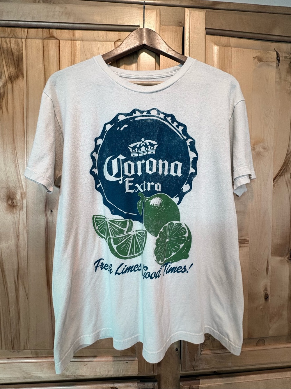 Corona White Tee with Blue Logo and Green Lime Accent